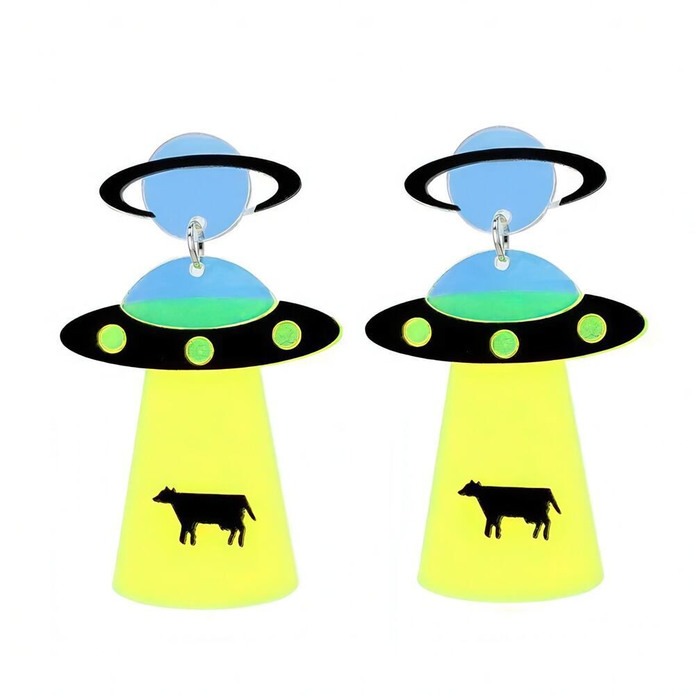 Neon Alien Space Ship Abducting Cow Acrylic Earrings‎